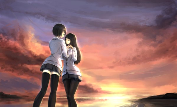 Anime picture 2000x1223 with original kikivi long hair highres short hair black hair wide image multiple girls sky cloud (clouds) eyes closed evening sunset shoujo ai girl thighhighs skirt black thighhighs 2 girls