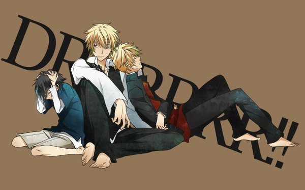 Anime picture 1284x800 with durarara!! brains base (studio) heiwajima shizuo short hair black hair blonde hair simple background wide image sitting yellow eyes eyes closed barefoot tears crossed arms reclining open collar crying multiple persona boy uniform