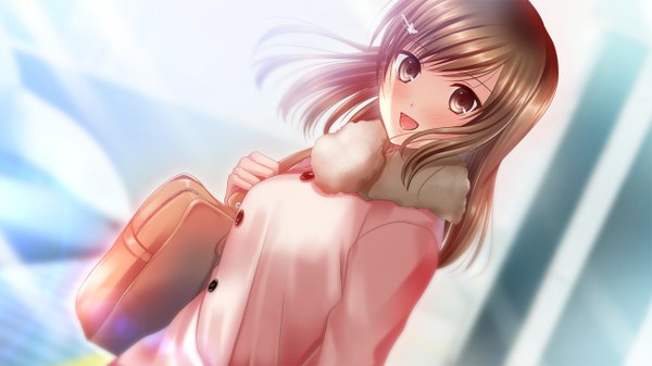 Anime picture 1280x720 with himawari to koi no kioku oginohama akane minamihama yoriko single long hair looking at viewer blush fringe brown hair wide image brown eyes game cg happy girl hair ornament bobby pin bag butterfly hair ornament