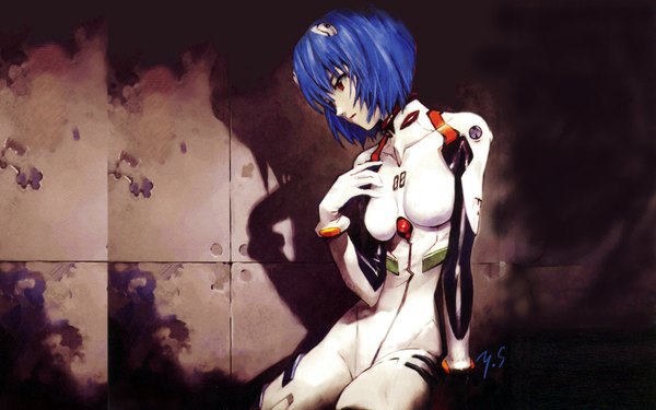 Anime picture 1920x1200 with neon genesis evangelion gainax ayanami rei sadamoto yoshiyuki single highres short hair red eyes wide image blue hair official art shadow girl wall pilot suit