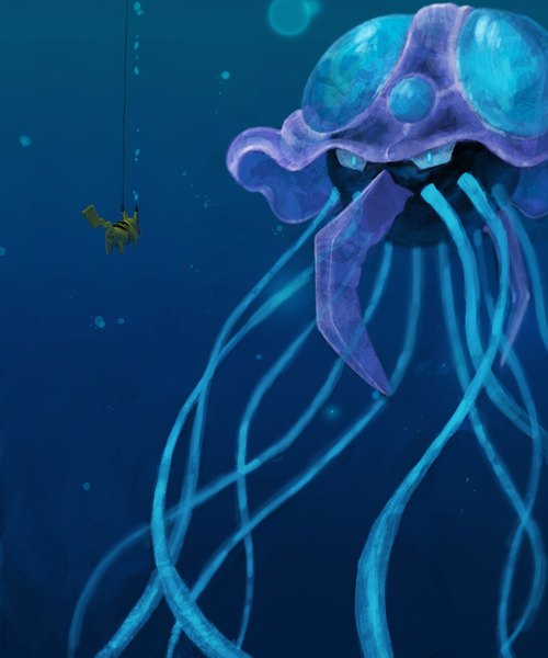 Anime picture 1500x1800 with pokemon nintendo pikachu tentacruel abe (pixiv) tall image underwater gen 1 pokemon animal water bubble (bubbles) pokemon (creature) tentacles octopus