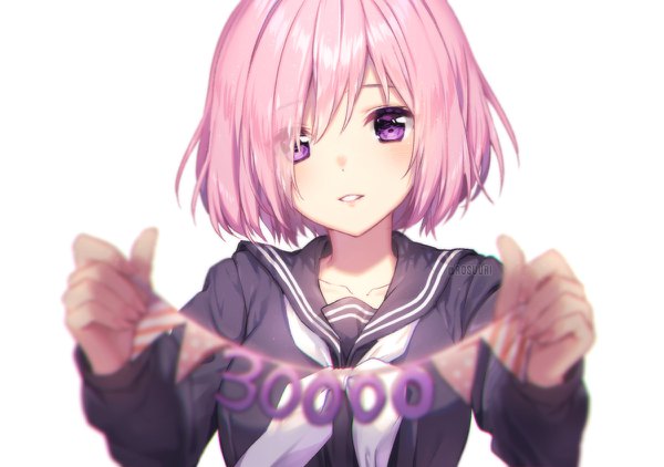Anime picture 1200x844 with fate (series) fate/grand order mash kyrielight rosuuri single looking at viewer blush fringe short hair simple background white background purple eyes signed pink hair upper body parted lips hair over one eye girl uniform serafuku