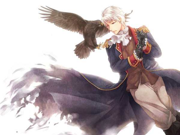 Anime picture 1328x1000 with axis powers hetalia studio deen prussia (hetalia) red eyes white hair torn clothes boy animal bird (birds) crow