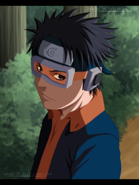 Anime picture 1000x1331 with naruto studio pierrot naruto (series) uchiha obito fabiansm single tall image short hair black hair brown eyes light smile coloring letterboxed boy plant (plants) tree (trees) goggles