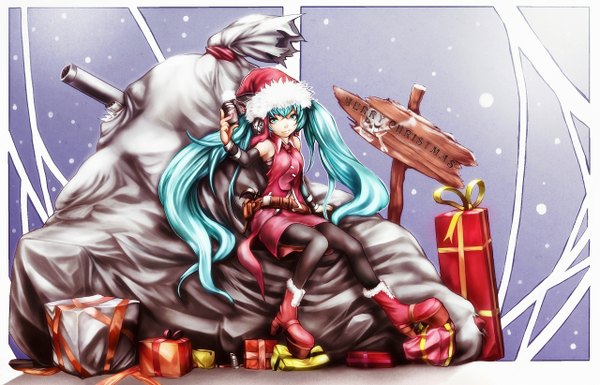 Anime picture 1280x822 with vocaloid hatsune miku fledada single looking at viewer twintails very long hair aqua eyes aqua hair snowing christmas winter girl weapon detached sleeves shoes headphones gun gift santa claus hat