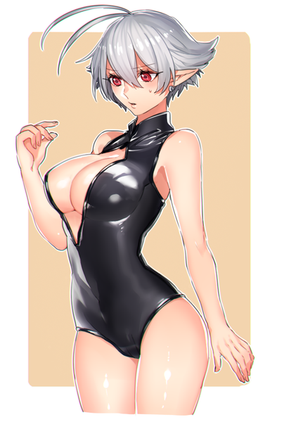 Anime picture 649x964 with original katagiri hachigou single tall image blush short hair breasts light erotic large breasts cleavage silver hair ahoge parted lips pointy ears looking down girl swimsuit earrings one-piece swimsuit black swimsuit