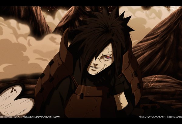 Anime picture 1600x1089 with naruto studio pierrot naruto (series) uchiha madara iitheyahikodarkii single long hair fringe black hair smile purple eyes hair over one eye night arm support night sky coloring letterboxed dust rinnegan boy