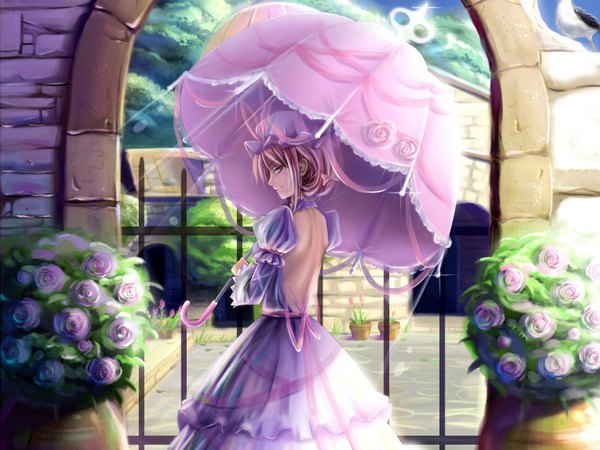 Anime picture 1600x1200 with touhou yakumo yukari saber 01 short hair yellow eyes pink hair back girl dress flower (flowers) umbrella