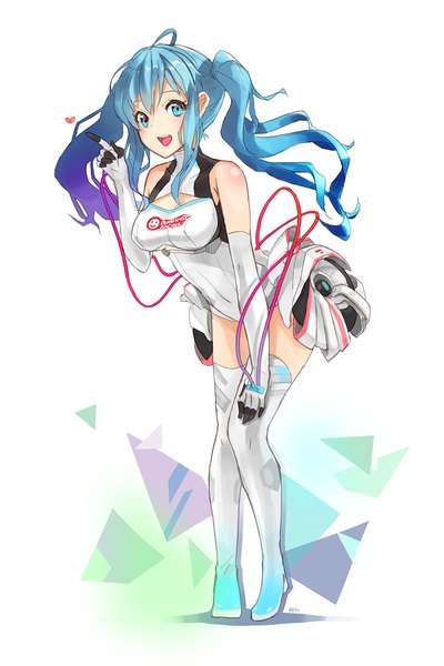 Anime picture 1000x1500 with vocaloid goodsmile racing hatsune miku racing miku racing miku (2014) nellen single long hair tall image looking at viewer fringe breasts open mouth blue eyes twintails bare shoulders blue hair purple hair multicolored hair leaning