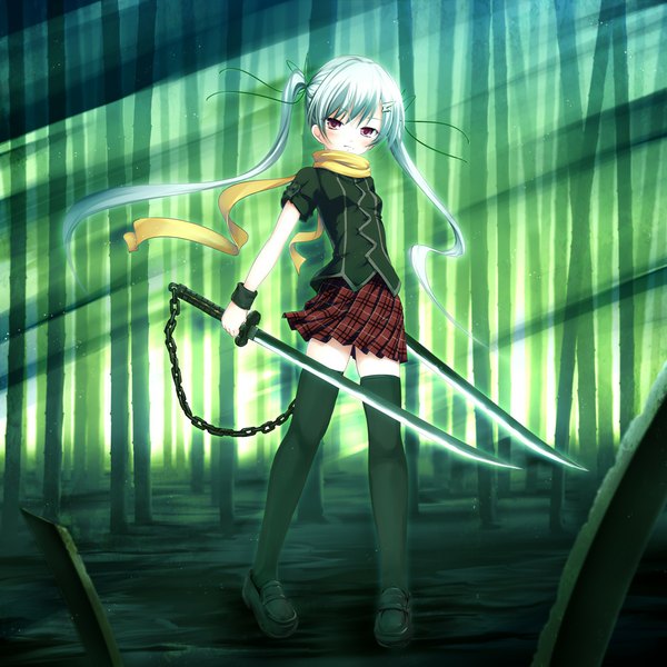 Anime picture 1000x1000 with original aruciii single long hair blush red eyes twintails holding white hair dual wielding girl thighhighs skirt weapon black thighhighs sword scarf katana chain