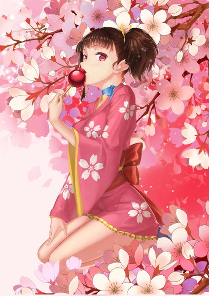 Anime picture 2480x3508 with koutetsujou no kabaneri wit studio mumei (kabaneri) ccjn single tall image looking at viewer fringe highres short hair red eyes brown hair sitting twintails bent knee (knees) long sleeves traditional clothes japanese clothes barefoot wide sleeves