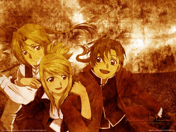 Anime picture 1600x1200 with fullmetal alchemist studio bones edward elric alphonse elric winry rockbell cilou (artist) brown background