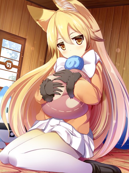 Anime picture 900x1200 with kemono friends ezo red fox (kemono friends) lucky beast (kemono friends) liya single long hair tall image looking at viewer blush fringe blonde hair hair between eyes sitting brown eyes animal ears bent knee (knees) indoors tail head tilt animal tail