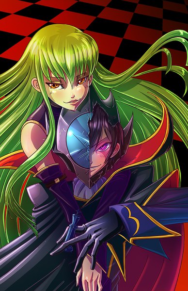 Anime picture 792x1224 with code geass sunrise (studio) c.c. lelouch lamperouge magna-omega long hair tall image looking at viewer fringe black hair smile hair between eyes purple eyes yellow eyes green hair checkered floor floor broken girl boy