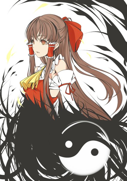 Anime picture 1200x1700 with touhou hakurei reimu faefaea single long hair tall image brown hair brown eyes looking away girl bow hair bow detached sleeves