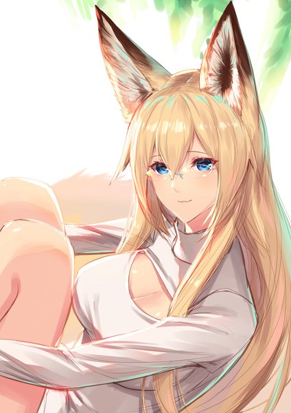 Anime picture 1414x2000 with original sigma99 single long hair tall image looking at viewer blush fringe breasts blue eyes blonde hair hair between eyes large breasts white background sitting animal ears bent knee (knees) tail long sleeves animal tail