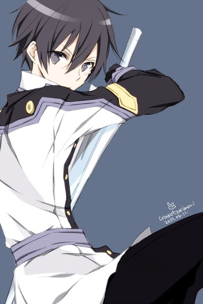 Anime picture 700x1050 with sword art online a-1 pictures kirigaya kazuto tsukimori usako single tall image looking at viewer fringe short hair black hair simple background hair between eyes holding signed long sleeves grey background grey eyes dated boy gloves