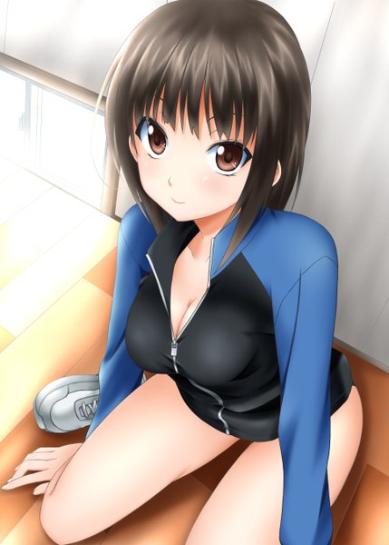 Anime picture 965x1350 with original sumeragi tomo single long hair tall image looking at viewer blush breasts light erotic black hair smile brown eyes cleavage from above girl sports jacket