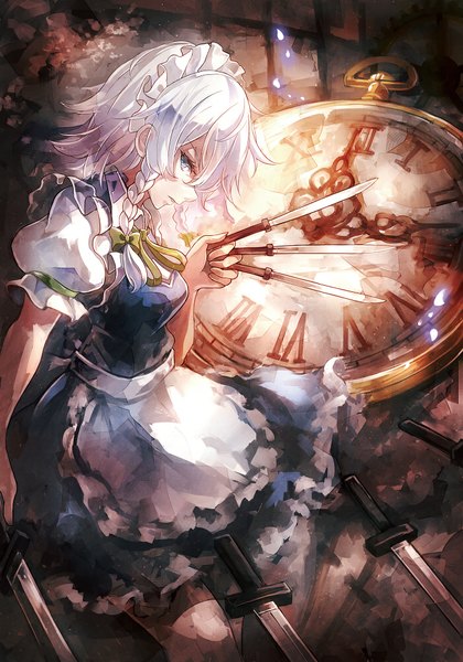 Anime picture 700x999 with touhou izayoi sakuya 60mai single long hair tall image looking at viewer blue eyes white hair braid (braids) maid twin braids girl dress uniform bow weapon hair bow headdress maid headdress