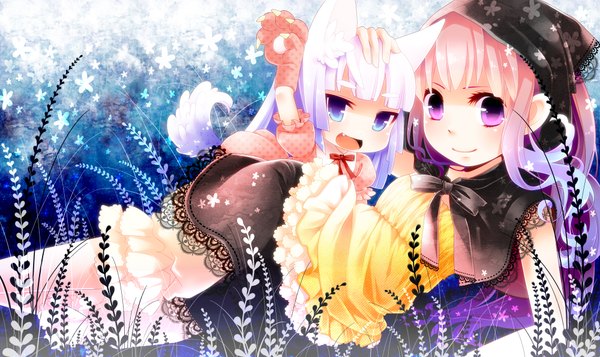 Anime picture 2000x1190 with moonyan highres open mouth wide image purple eyes multiple girls animal ears pink hair tail lying cat girl girl dress 2 girls