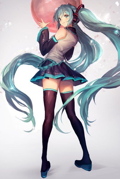 Anime picture 2000x2964 with vocaloid hatsune miku lm7 (op-center) single tall image looking at viewer blush highres simple background smile standing twintails full body very long hair pleated skirt looking back from behind grey background zettai ryouiki floating hair