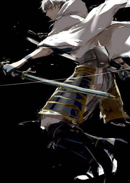 Anime picture 600x847 with touken ranbu nitroplus tsurumaru kuninaga nori (pixiv id2553939) single tall image looking at viewer fringe short hair simple background holding yellow eyes full body bent knee (knees) white hair traditional clothes japanese clothes wide sleeves black background boy