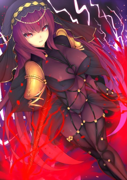 Anime picture 1240x1753 with fate (series) fate/grand order scathach (fate) (all) scathach (fate) genkung single long hair tall image looking at viewer breasts light erotic red eyes purple hair girl weapon bodysuit