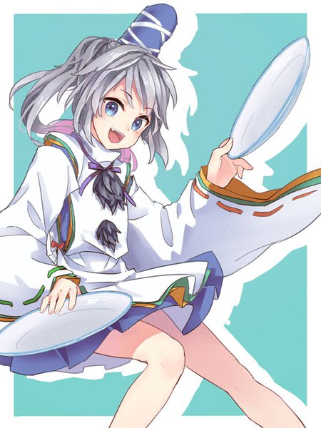 Anime picture 600x800 with touhou mononobe no futo akidzuki haruhi single long hair tall image open mouth blue eyes simple background silver hair ponytail traditional clothes :d japanese clothes border outside border aqua background girl hat pom pom (clothes)