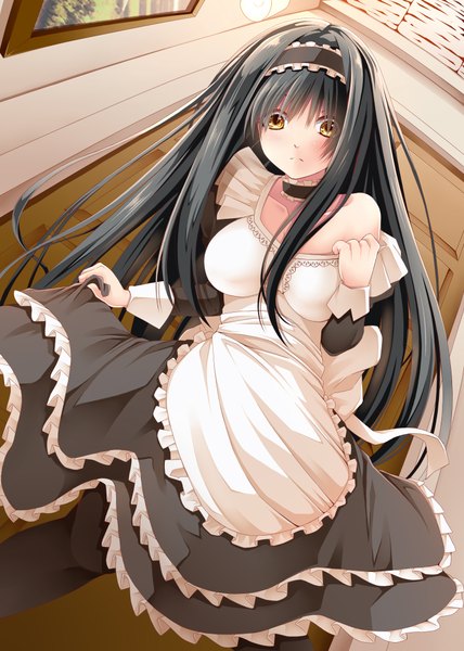 Anime picture 2976x4175 with original creek (moon-sky) single long hair tall image looking at viewer blush highres black hair yellow eyes maid girl dress uniform headdress maid headdress