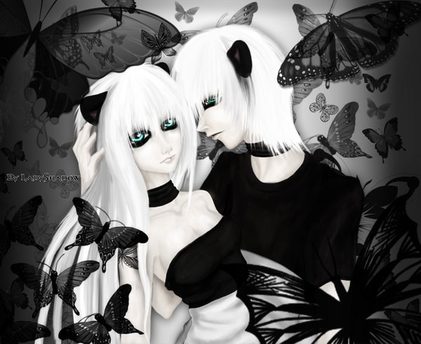 Anime picture 1500x1225 with original ladyshadow92 long hair blue eyes animal ears white hair lips couple hug twins girl boy collar