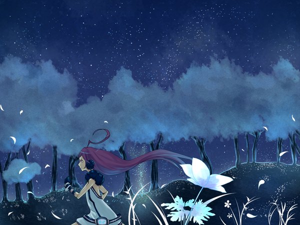 Anime picture 1500x1125 with vocaloid miki (vocaloid) tomaeda (bravered) single long hair pink hair ahoge red hair profile pink eyes wind night night sky sleeveless scenic running girl dress flower (flowers) plant (plants)