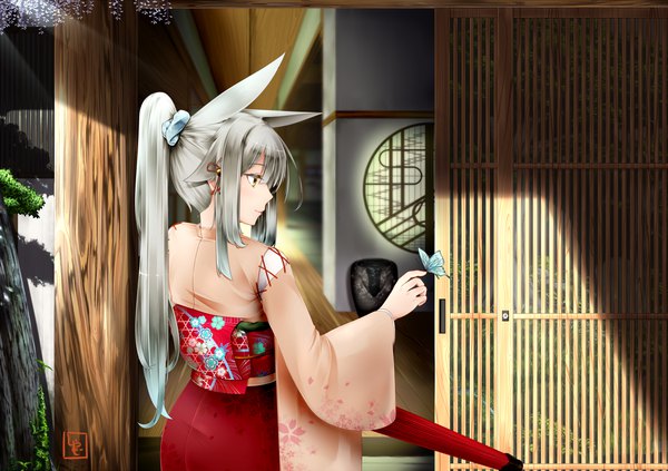 Anime picture 1227x867 with original lystick single long hair animal ears yellow eyes payot looking away ponytail traditional clothes japanese clothes profile grey hair sunlight wide sleeves fox ears back floral print architecture butterfly on hand