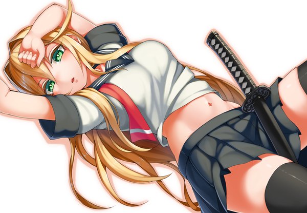 Anime picture 1020x706 with original seramikku single long hair looking at viewer simple background blonde hair white background green eyes bent knee (knees) lying parted lips pleated skirt bare belly hand on head sheathed girl thighhighs skirt navel
