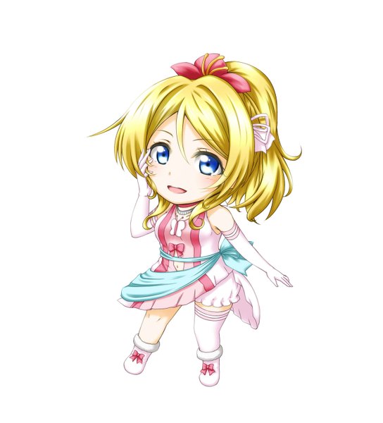 Anime picture 1321x1456 with love live! school idol project sunrise (studio) love live! ayase eli kuena single long hair tall image looking at viewer blush open mouth blue eyes simple background blonde hair white background ponytail chibi girl dress gloves