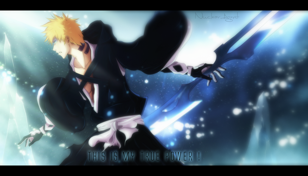 Anime picture 2700x1542 with bleach studio pierrot kurosaki ichigo nuclearagent single highres short hair blonde hair wide image yellow eyes traditional clothes japanese clothes profile inscription coloring light letterboxed boy gloves weapon