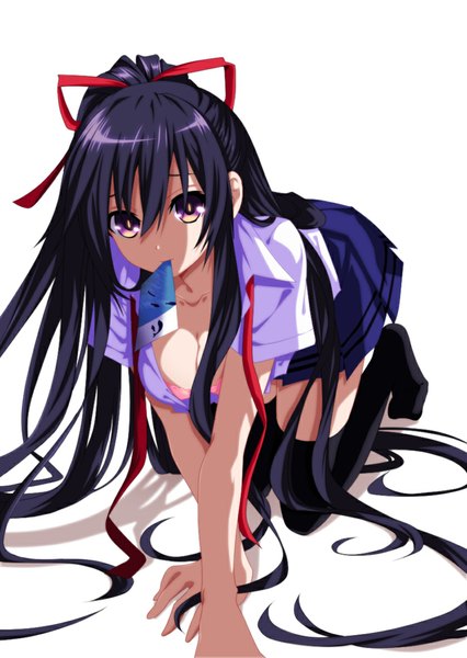 Anime picture 840x1183 with date a live yatogami tooka eroishi single long hair tall image breasts light erotic black hair simple background white background holding yellow eyes ponytail pleated skirt coloring mouth hold half updo girl thighhighs