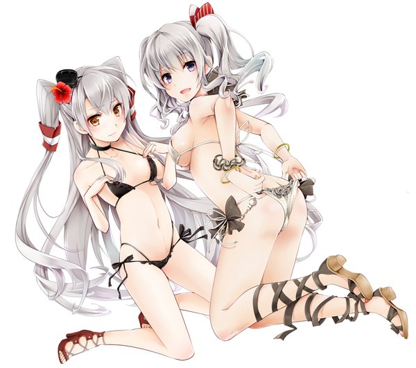 Anime picture 800x708 with kantai collection kashima training cruiser amatsukaze destroyer akatsuki hijiri long hair looking at viewer blush fringe breasts open mouth light erotic simple background smile hair between eyes large breasts white background twintails purple eyes bare shoulders multiple girls
