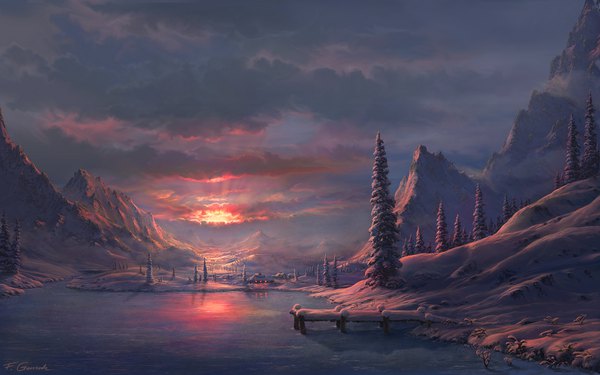 Anime picture 1680x1050 with original fel-x (artist) signed sky cloud (clouds) sunlight shadow wallpaper winter snow mountain no people landscape sunbeam scenic nature lake morning sunrise plant (plants)