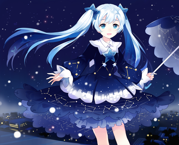 Anime picture 1400x1131 with vocaloid hatsune miku yuki miku apring single long hair looking at viewer fringe open mouth blue eyes twintails holding payot blue hair sky outdoors white hair long sleeves :d multicolored hair