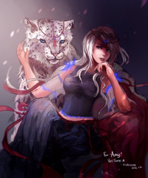 Anime picture 900x1080 with original fiveonthe single long hair tall image looking at viewer fringe blue eyes sitting signed bent knee (knees) inscription grey background lipstick snow chin rest girl hair ornament detached sleeves animal