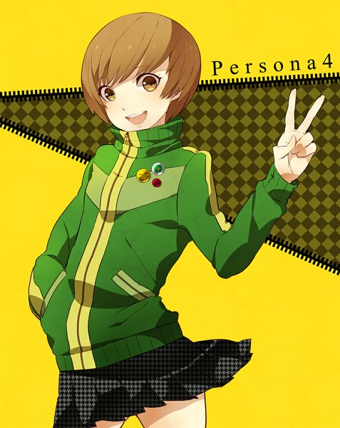 Anime picture 900x1131 with persona 4 persona satonaka chie yamaki suzume single tall image looking at viewer short hair open mouth brown hair brown eyes pleated skirt inscription victory hand in pocket yellow background girl skirt sweater badge
