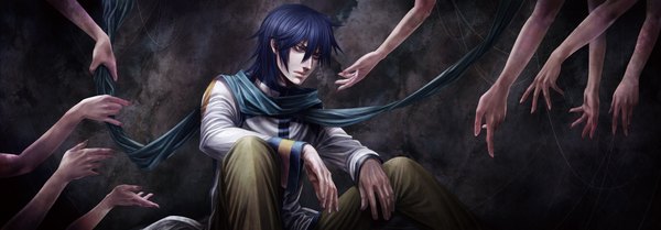 Anime picture 1952x680 with vocaloid kaito (vocaloid) kaito (vocaloid3) ujuju short hair blue eyes simple background wide image sitting blue hair outstretched arm boy scarf hands thread