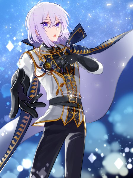 Anime picture 1800x2400 with touken ranbu nitroplus honebami toushirou asuma (hanezu) single tall image looking at viewer fringe highres short hair open mouth hair between eyes purple eyes silver hair alternate costume outstretched arm hand on chest blue background singing boy