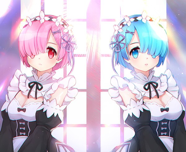 Anime picture 813x666 with re:zero kara hajimeru isekai seikatsu white fox rem (re:zero) ram (re:zero) woorin looking at viewer fringe short hair blue eyes multiple girls blue hair pink hair cleavage upper body pink eyes sunlight hair over one eye maid siblings twins