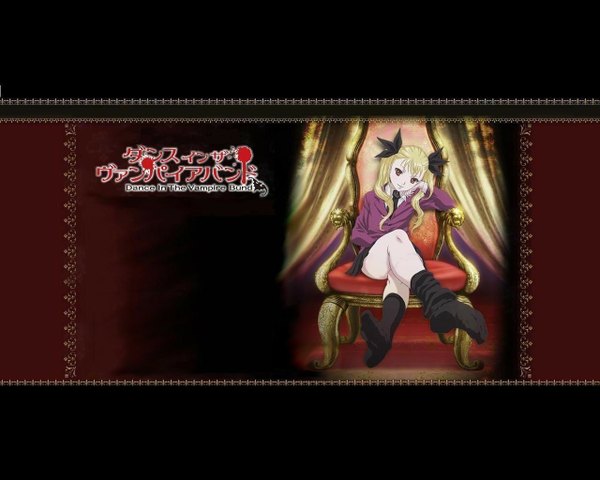 Anime picture 1280x1024 with dance in the vampire bund shaft (studio) mina tepes blonde hair red eyes twintails loli necktie