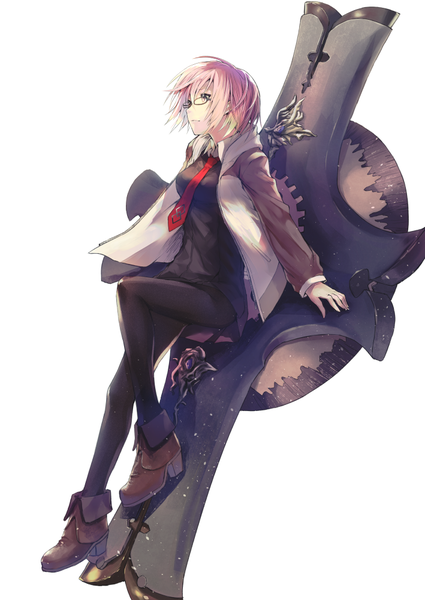 Anime picture 709x1000 with fate (series) fate/grand order mash kyrielight applekun single tall image short hair simple background white background purple eyes looking away pink hair full body ahoge bent knee (knees) parted lips floating hair girl thighhighs black thighhighs