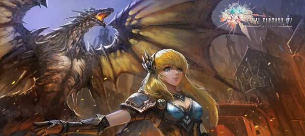 Anime picture 1786x800 with final fantasy square enix turewindwalker single long hair fringe highres breasts blue eyes blonde hair wide image looking away sky realistic outstretched arm fantasy glow girl armor building (buildings)