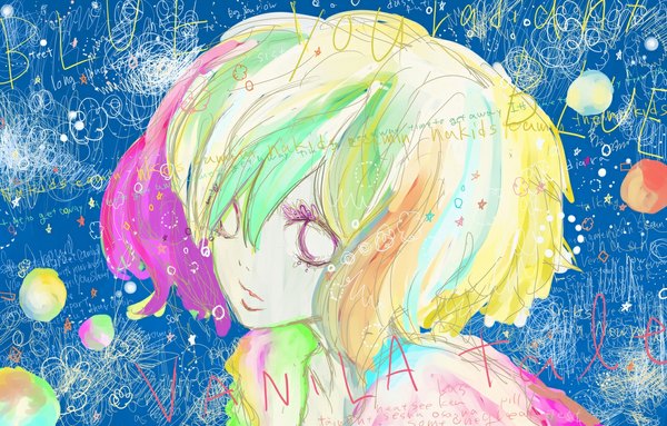 Anime picture 1120x716 with arakawa (aintnoroom) single short hair multicolored hair lips tears face white eyes no pupils girl