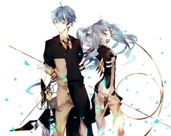 Anime picture 1551x1235 with vocaloid hatsune miku hatsune mikuo suou short hair white background blue hair couple girl petals