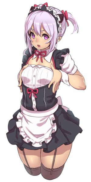 Anime picture 600x1200 with original houtengeki single tall image looking at viewer short hair light erotic simple background white background twintails purple hair pink eyes short twintails girl thighhighs dress ribbon (ribbons) headdress maid headdress garter straps
